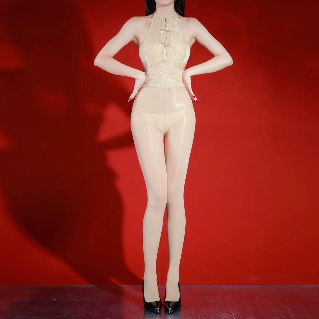 Sexy Neckholder Damen Jumpsuit Spitze Ausgeschnitten Durchsichtig Bodysuit Öl Glänzend Glatt Strumpfhose Frau Nachtclub Reiz Reizwäsche