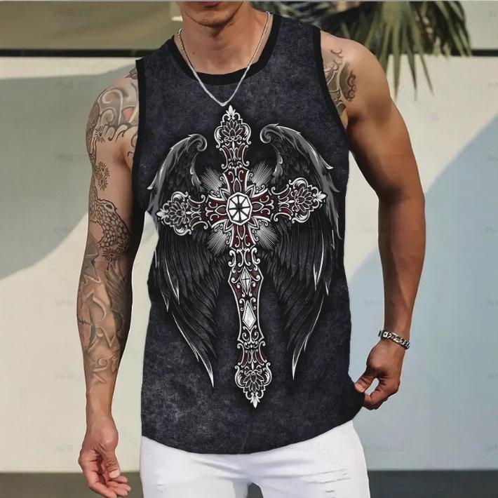 New Fashion Casual Versatile High-quality Graffiti Style Men's Round Neck Vest Outdoor Sports Fitness Comfortable Breathable Vest