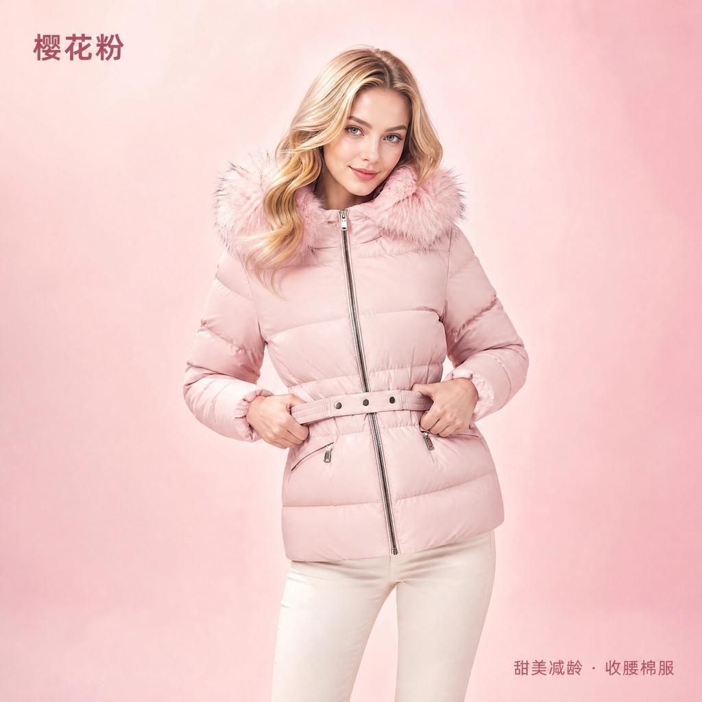 New waist hooded big fur neck cotton-padded clothes female slim and thin short cotton clothes belt jacket black pink blue thick