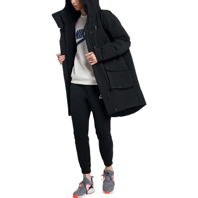 Nike Unifarbene Daunenjacke mit Logo-Print, übergroßer Tasche, langen Ärmeln und Kapuze für Damen, Oberbekleidung, Schwarz 939494-010
