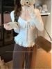 Wool Plush Lace Patchwork V-neck Ruffle T-shirt for Women - Autumn Style