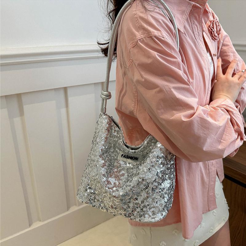 Shiny Sequins Underarm Shoulder Bag for Women PU Leather Bling Small Bucket Messenger Bag Fashion Designer Shopping Handbags