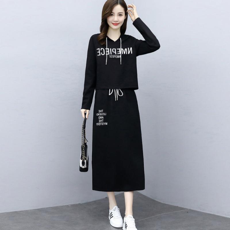 Women s Loose Fit Two-piece Skirt Suit Long Sleeve Cropped Hoodie High Waist Midi Skirt Letter Print Casual Athleisure Matching Outfit Set M