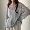Damen Sommer Retro Locker Langarm Aushöhlen Dünnes Strickoberteil
