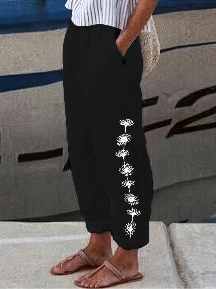 Spodnie z nadrukiem kwiatowym w dużych rozmiarach, wiosenno-letnie, swobodne, z kieszeniami i elastyczną talią, odzież damska w dużych rozmiarach