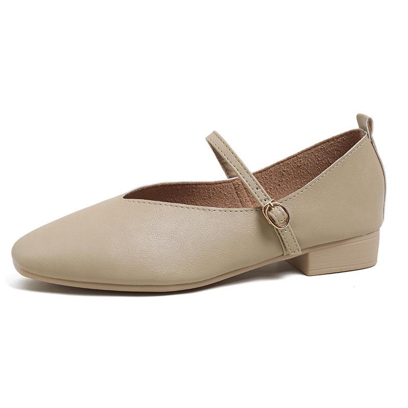 2023 Retro Low-Heeled Mary Jane Shoes: Square Toe, Soft Leather, Shallow-Mouth with Buckle Design for Women