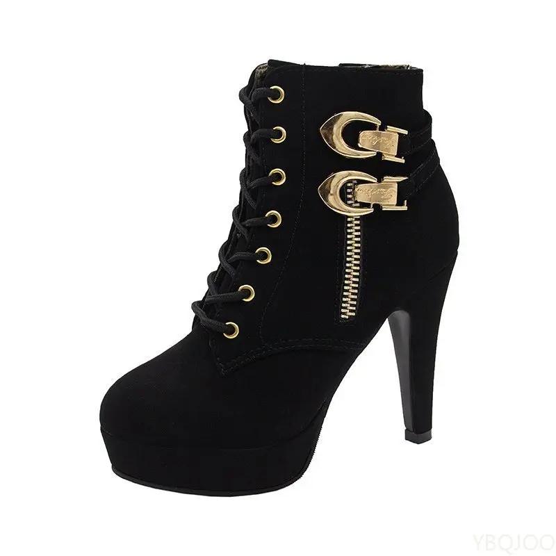Fashion Plus Size Ankle Boots Women Platform High Heels Female Lace Up Shoes Buckle Short Boot Casual Ladies Footwear Drop