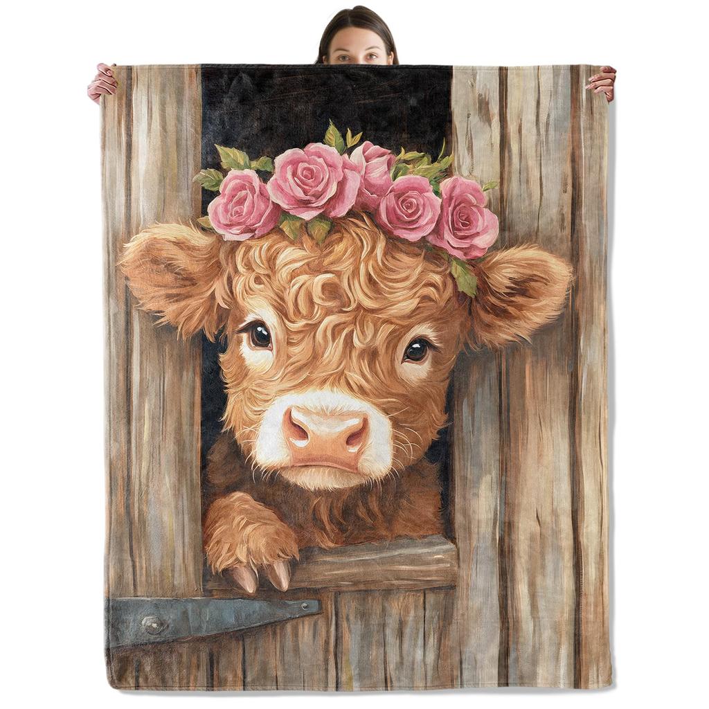 Cute Highland Cow Fleece Blanket Soft Cozy Farm Animal Flannel Throw Blanket for Farmhouse Bedroom Sofa Couch Outdoor Travel