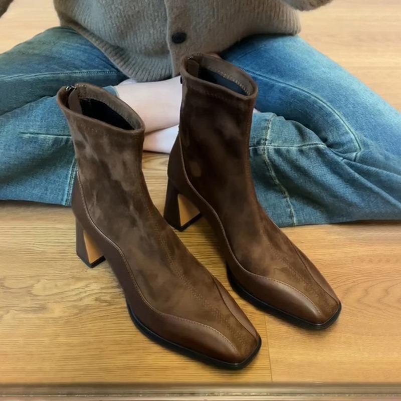 Retro High Heels Ankle Women's Boots Square Toe Sexy Shoes for Women Shoes Zip Ladies Shoes Classic Daily Thin Leg Women Botas
