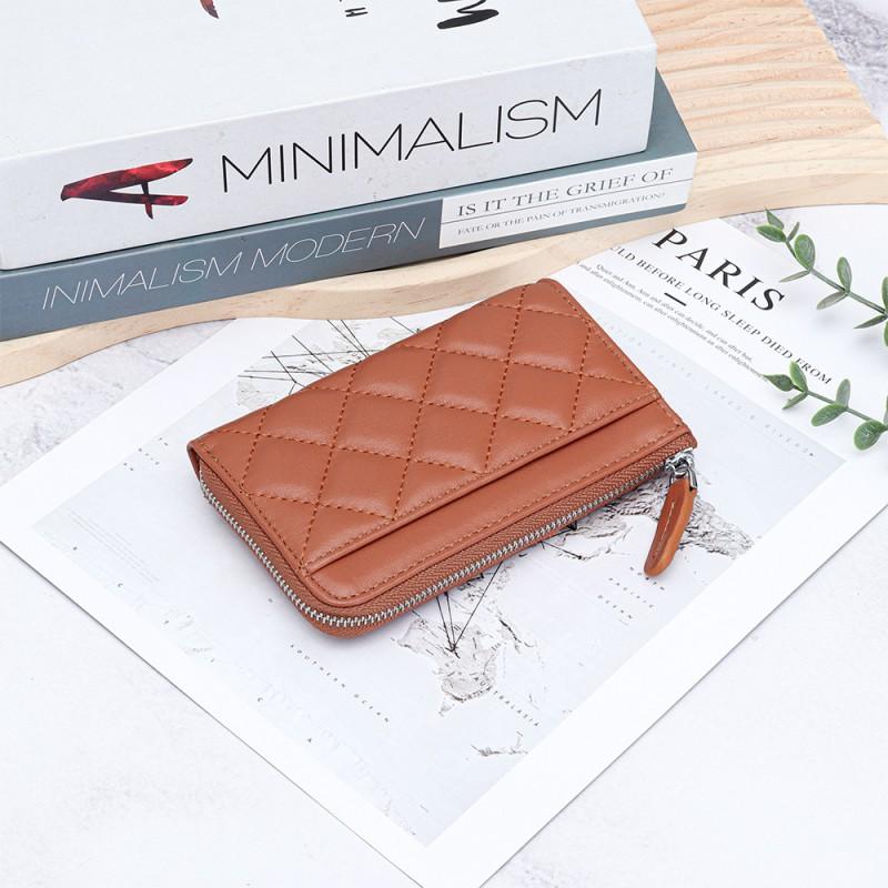 Genuine Leather Women's Change Purse Fashionable Style Rhomboid Plaid Short Wallet Multi-card Card Bag