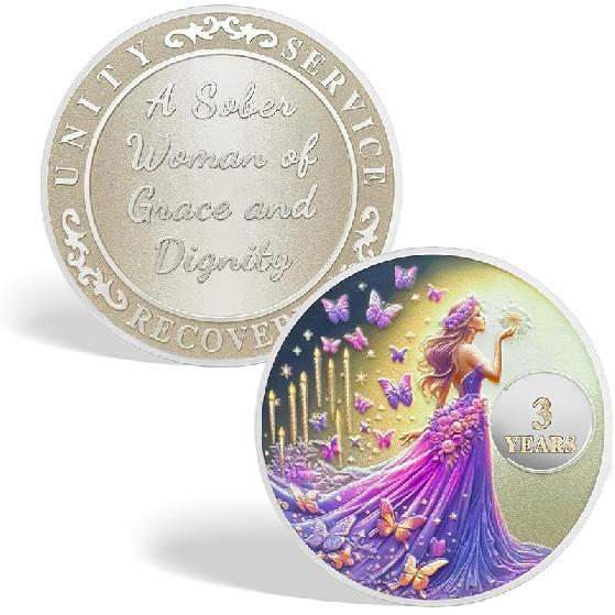 CHURYUML 1 Year Sobriety Coin - Purple Butterfly Fairy One Year Sober Chip, Non-Religious AA Coins Recovery Medallions Alcoholics Anonymous Token 03 Year
