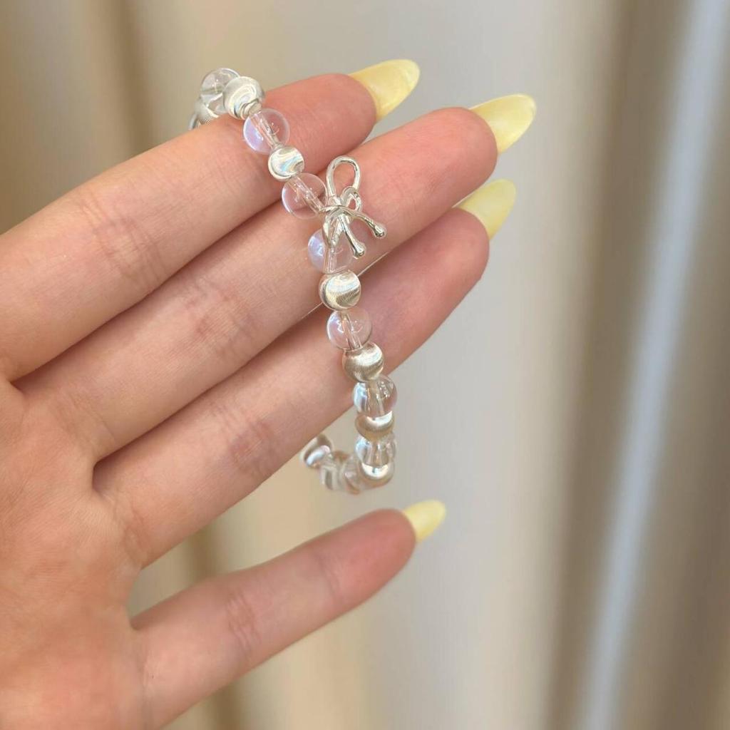 Elegant Women's S925 Sterling Silver Cat's Eye Bow Bracelet with White Crystal Spacer