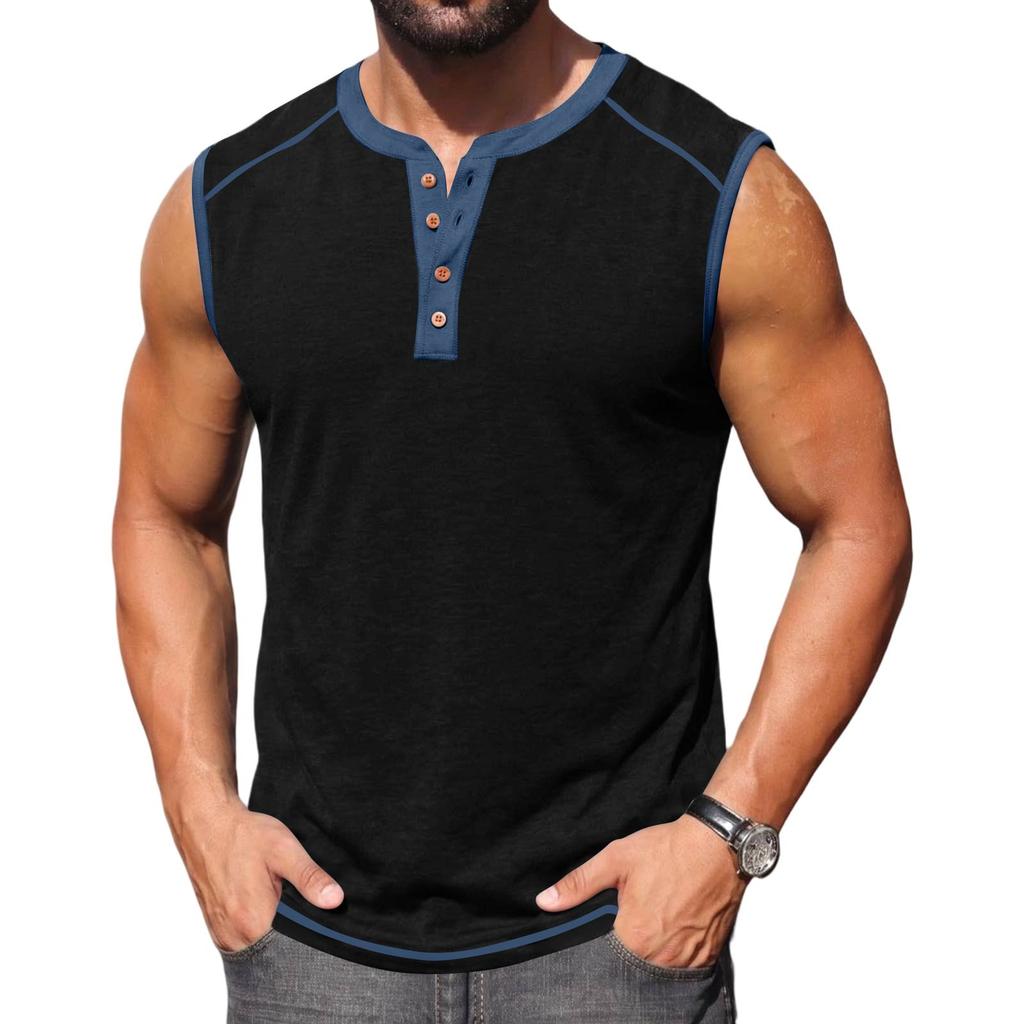 Men Sleeveless Henley Shirt Casual Athletic Tank Top Button Front Muscle Fit Summer Workout Shirt for Outdoor Sports