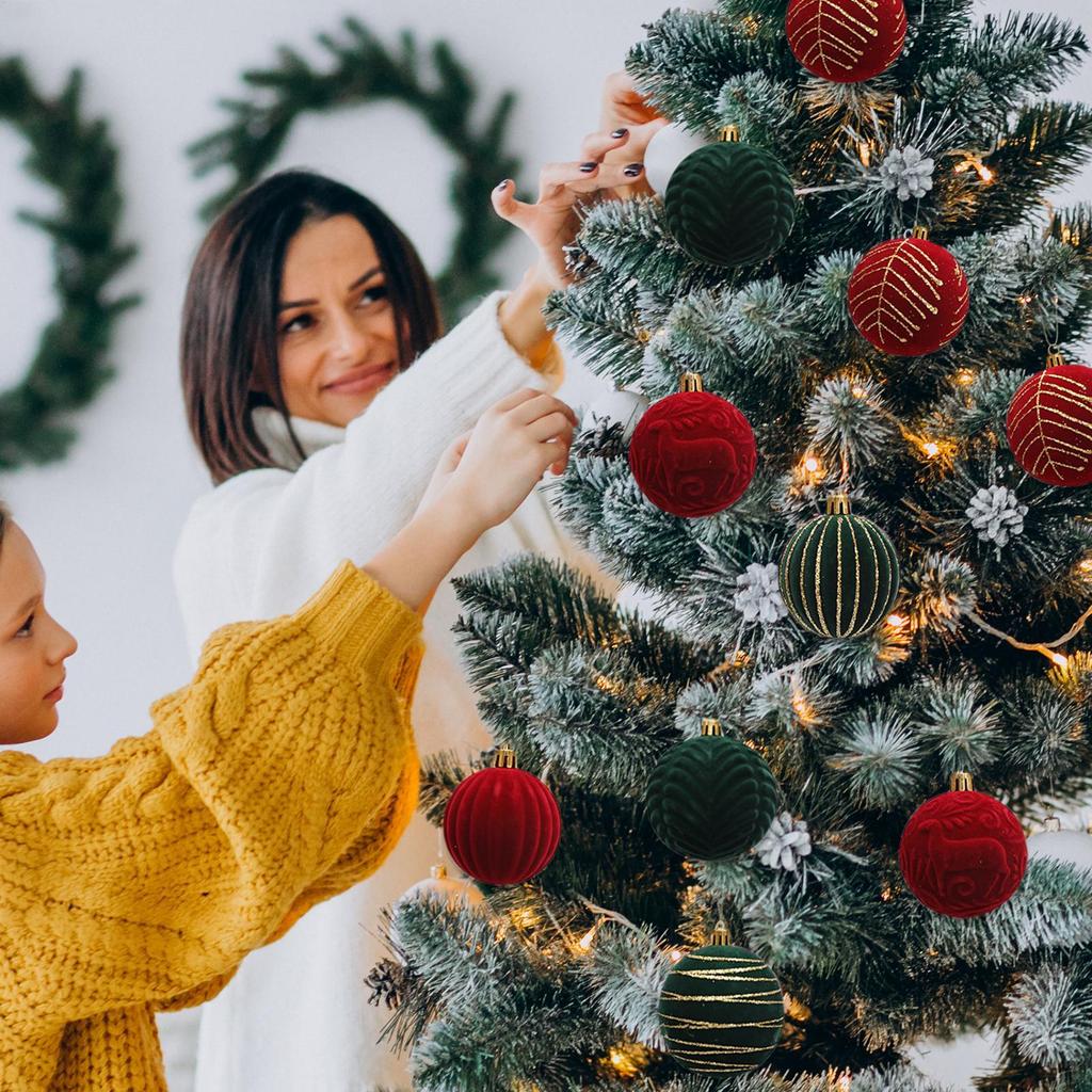 12pcs Wine Red Christmas Ball Ornaments Flocking Christmas Tree Party Decoration New Year Christmas Spheres Pendant Balls