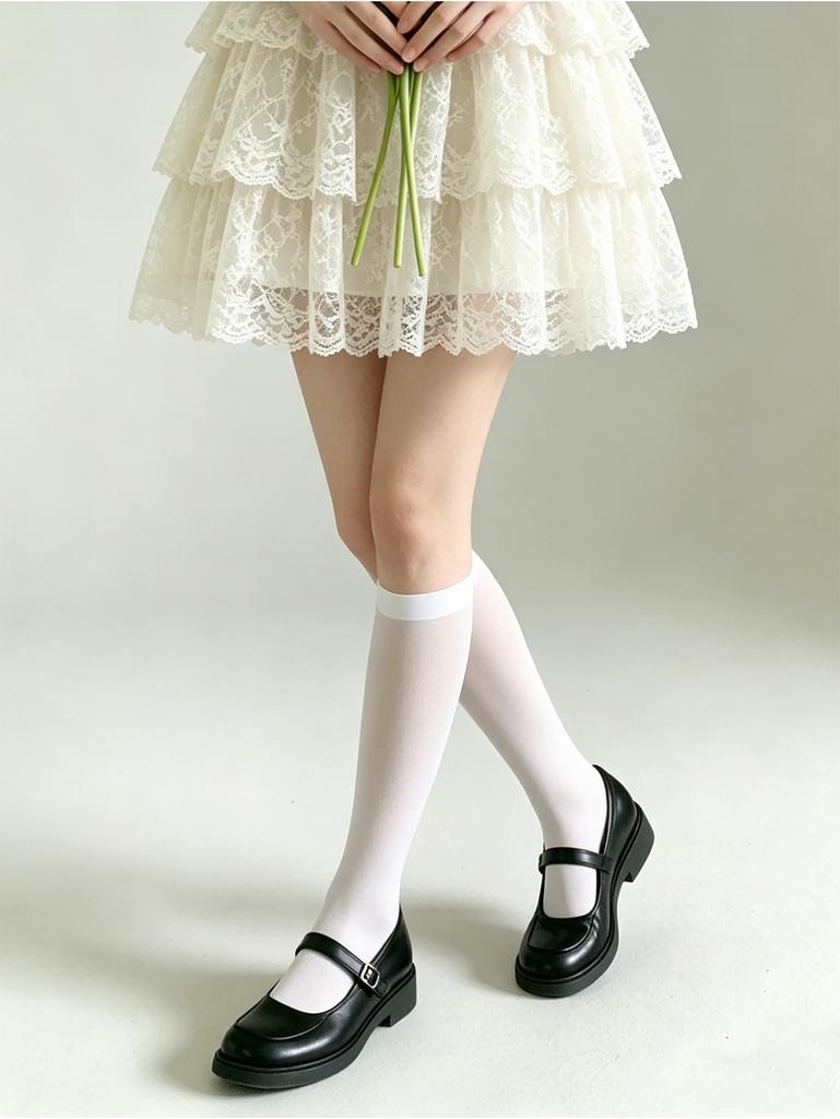 1/2 Pairs Women Black White Knee High Socks Uniform Style Solid Color Calf Socks