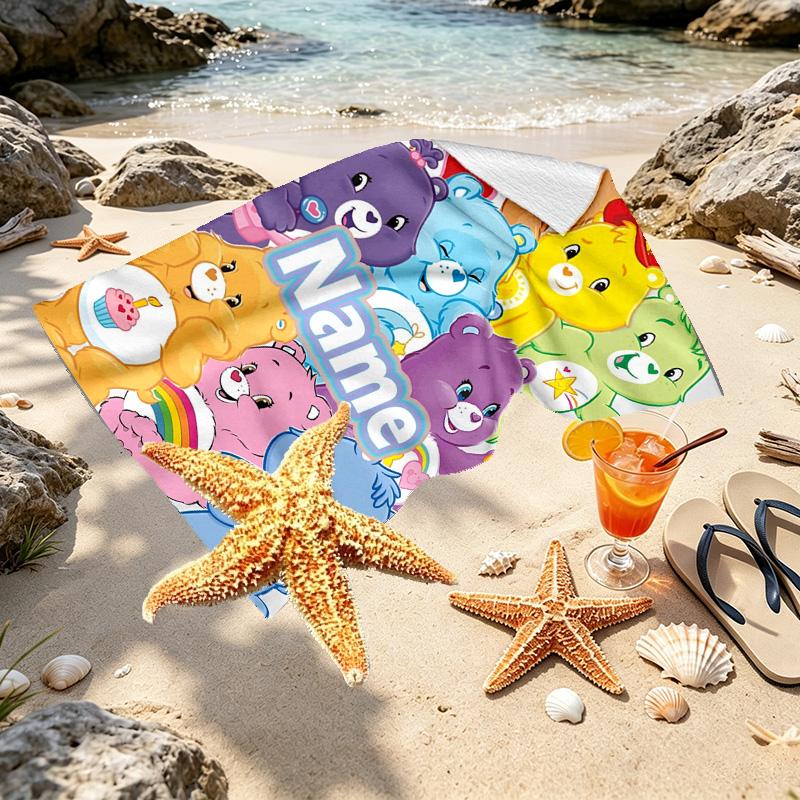 Custom Name Personalized Care Bears Print Beach Towel, for Trip Camping Beach Party Home Decor, Birthday Gift for Family & Friends