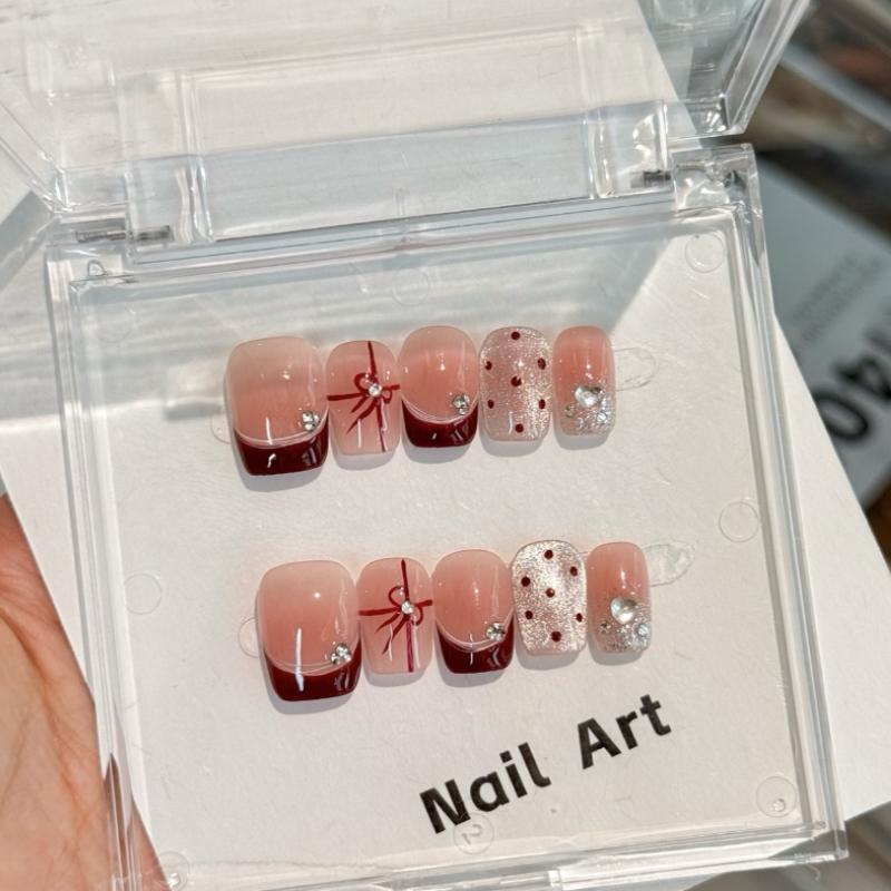 10Pcs Red French Tip Press On Nails - Bow & Rhinestone Fake Nails XS