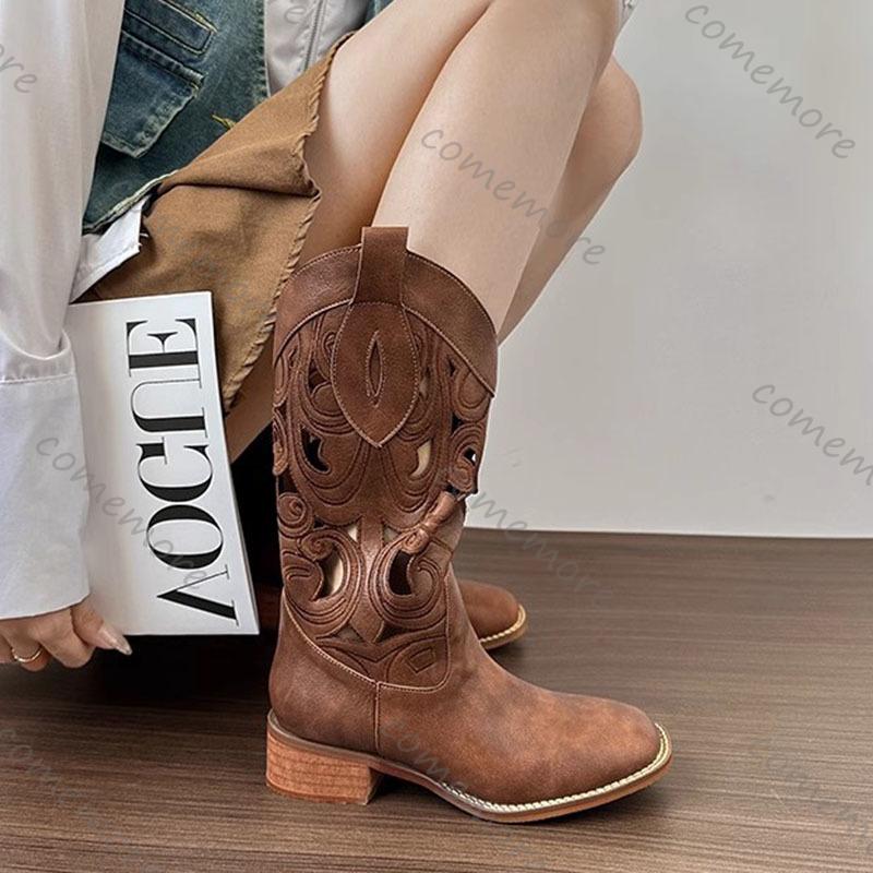 Comemore Hollow Out Western Cowboy Boots for Women 2025 Spring Summer Retro Embroidered Mid-calf Cool Boots Ethnic Knight Botas