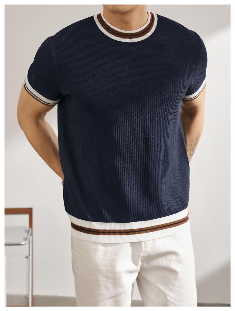 Summer Men's White Striped Short-Sleeve Knit Top