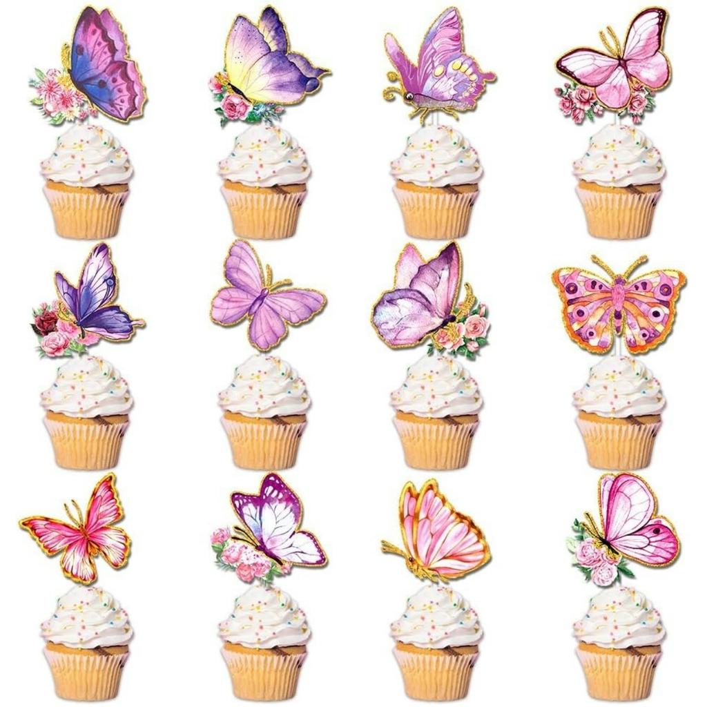Butterfly Cupcake Toppers, Butterfly Themed Women Birthday Spring Party Decorations Pink and Purple Butterfly Cupcake Toppers