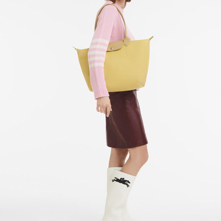 Longchamp Le Pliage Green 31 Solid Color Embroidered Logo Snap Zipper Closure Recycled Polyamide Canvas With Leather Trim Tote Bag 1899919A81