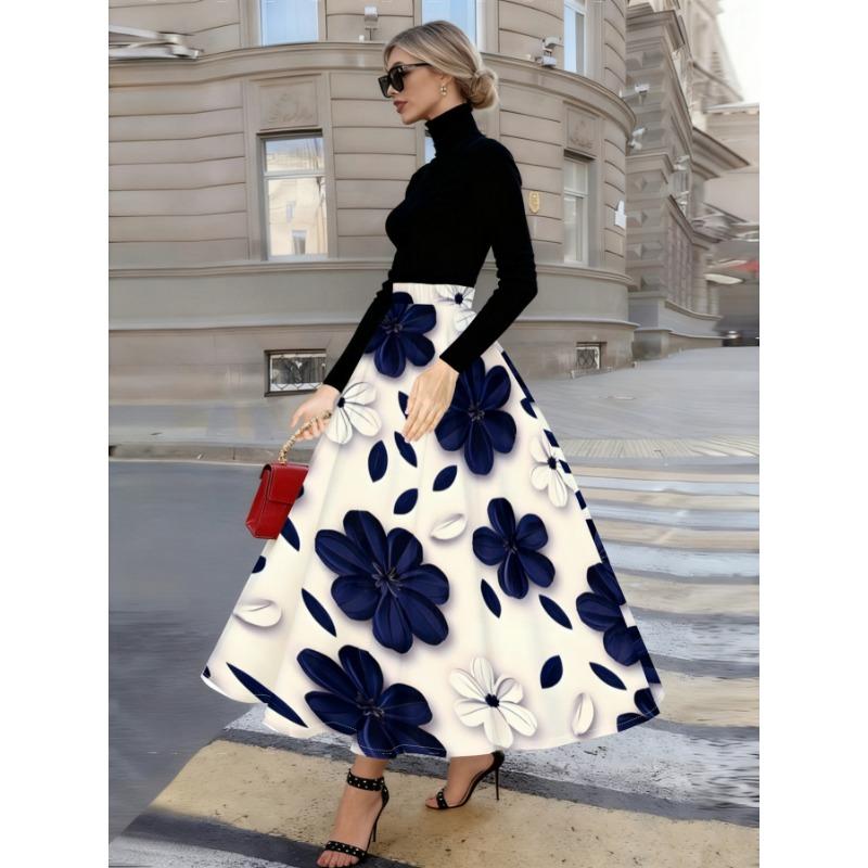Printed Design Suitable for All Four Seasons Blue White Floral Pattern Print Vacation Style Elegant Style Women's Skirt