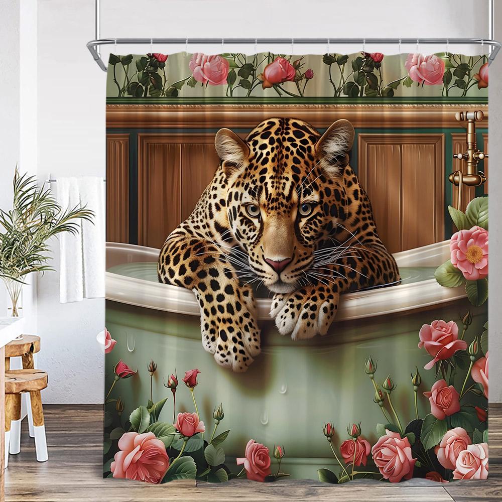 Bathing Leopard Shower Curtain Wild Animal Lion Panther in Bathtub Floral Bathroom Decor Modern Elegant Polyester Bath Curtain