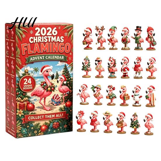 Acryl Sammler Überraschungen 2026 Weihnachten Flamingo Adventskalender, 24 Einzigartige 2D Tropische Ornamente Figuren, Countdown Geschenk für Liebhaber Süßer Baum rosa