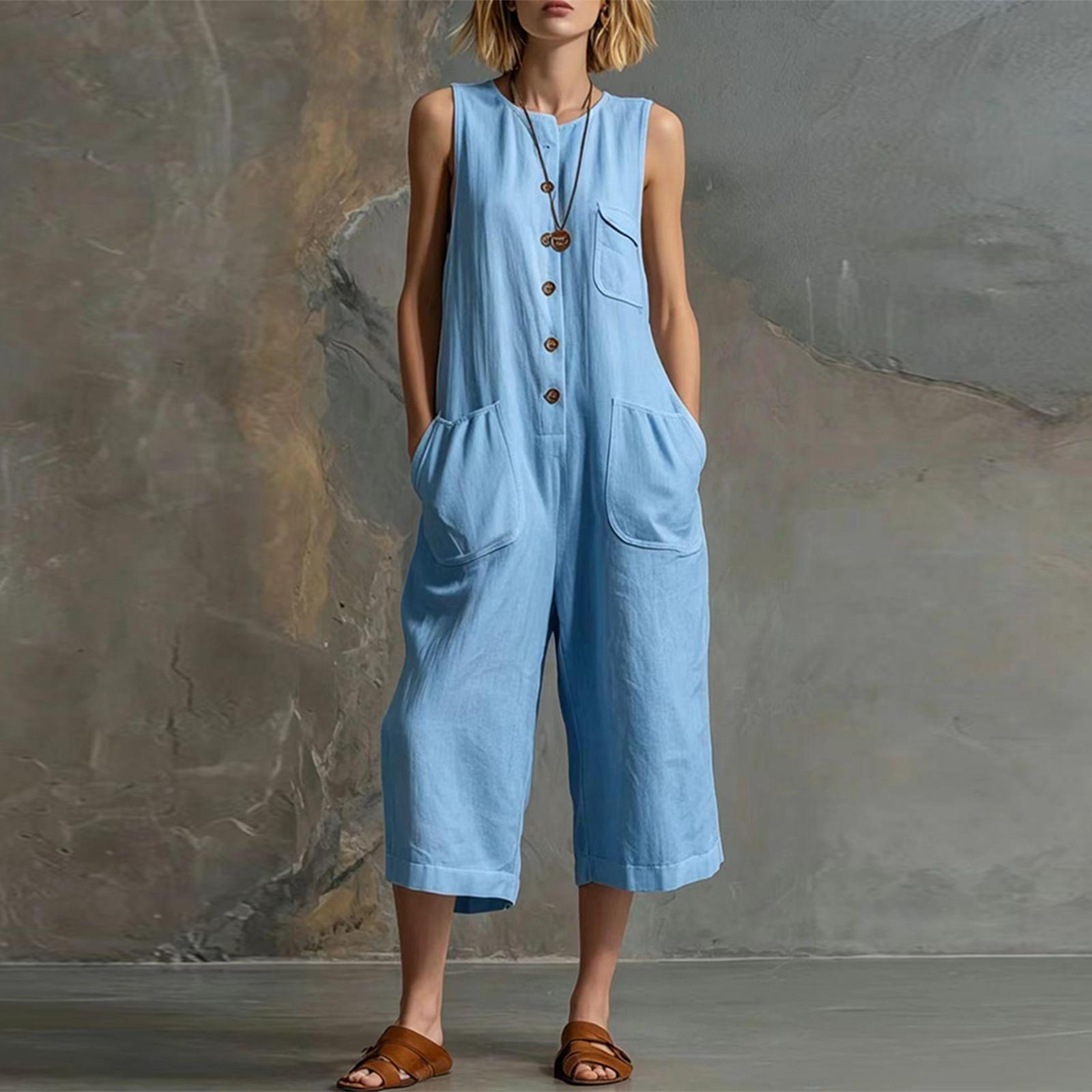 

Women’s Sleeveless Button Front Pocket Jumpsuit Retro Wide Leg Cropped Casual Loose Fit Overall for Everyday Wear M
