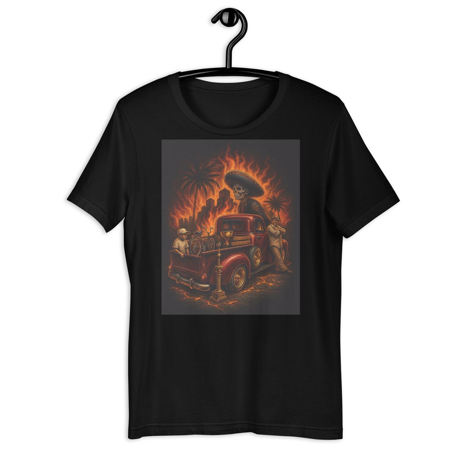 Mexican Skull Lowrider Truck Fire Chicano Street Art T-Shirt Design S