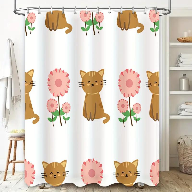 Cute Cat Flower Shower Curtain Animal Pattern Bathroom Decor for Kids Room Removable Washable Fabric Shaggy Bath Mat Set