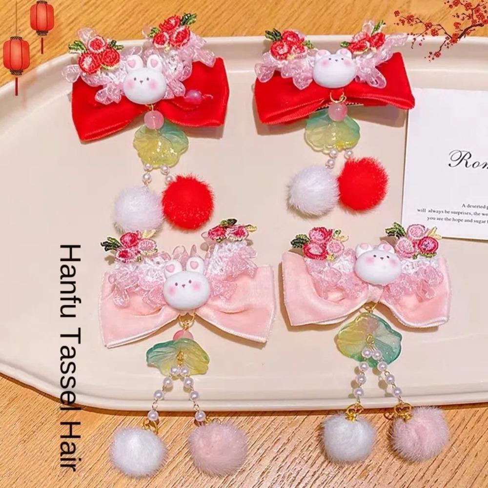 Rabbit Plush Fringe Hairpin Bowknot Chinese Style Barrettes Children's New Year Hair Clip Kids
