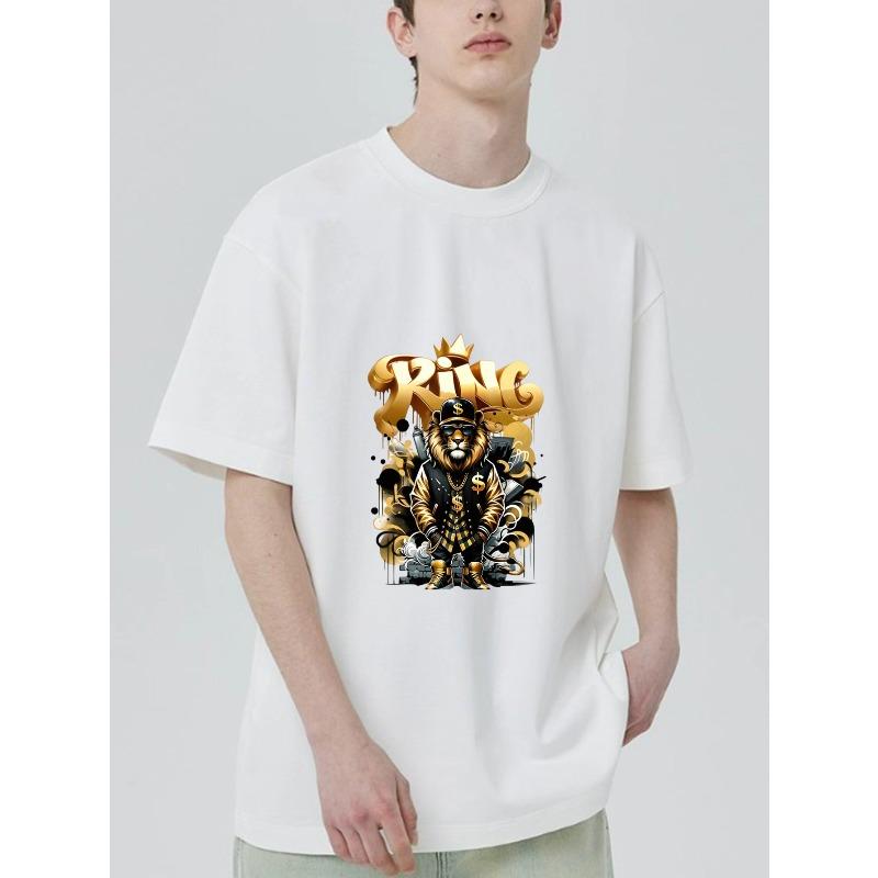 Black T Shirt with King Lion and Gold Crown Print for Casual Wear