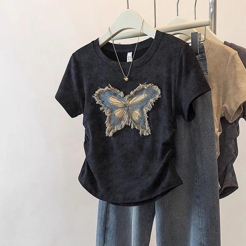 Plus Size Fat Girl Short-sleeved T-shirt Women's Summer New Slim Fit Unique Unique Versatile Butterfly Top