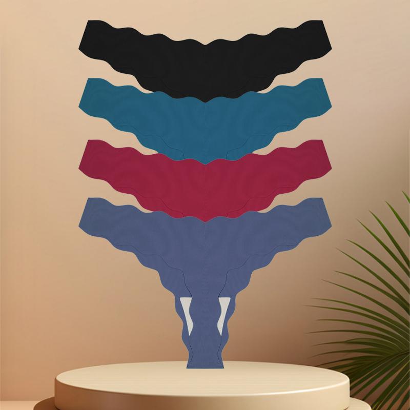 4 Stück Nahtlose Damen-Tangas Sexy Eisseide Wellengürtel Höschen Niedrige Taille Unsichtbarer G-String Dehnbarer T-Rücken Atmungsaktive Lingerie