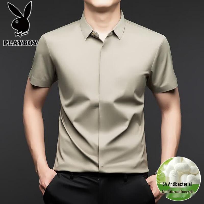 PLAYBOY Men s Silk Blend Anti-Wrinkle Short Sleeve Shirt 175 хаки