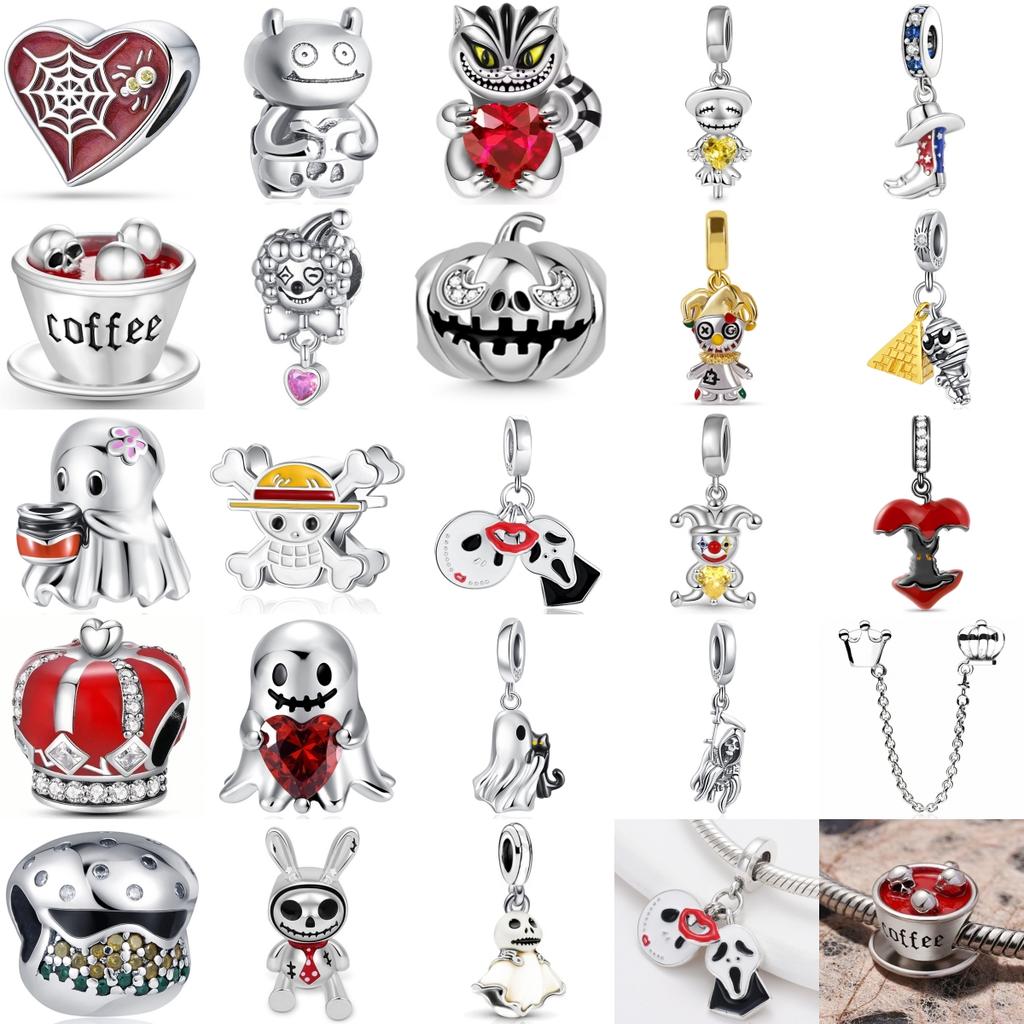 New 925 Silver Halloween Spider Web Coffee Charm Pendant DIY Bracelet Jewelry Gift for Women Fashion Accessories