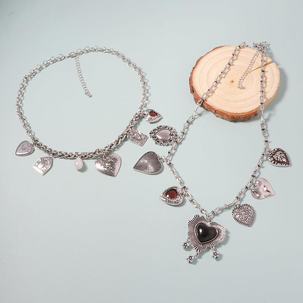 Mode Vintage Gothique Géométrique Cœur Pendentif Double Couche Empilé Personnalisé Chaîne Collier Boucles d'Oreilles Femmes