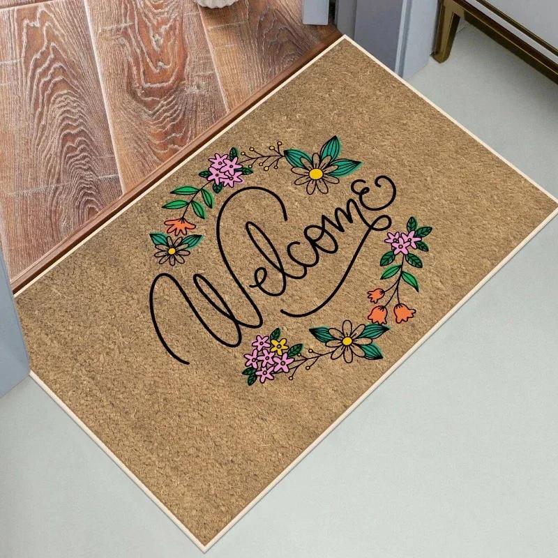 1Pc Floral Letter Print Welcome Doormat Anti-Slip Bath Rug Fade Resistant Kitchen Garden Floor Mat Washable Home Decor Carpets