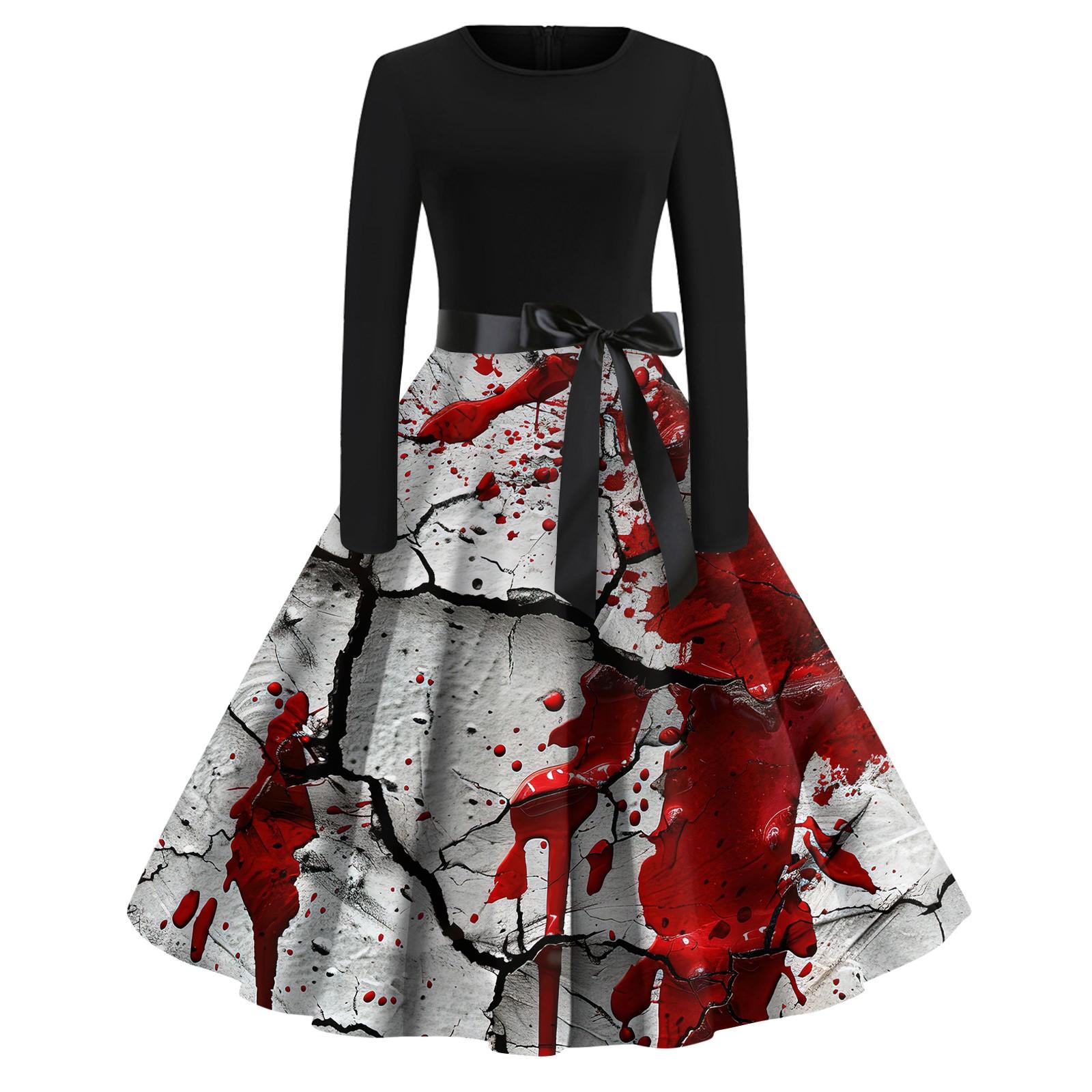 Платье-клеш с принтом на Хэллоуин для женщин с длинным рукавом — фото 3