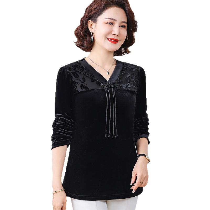 Elegant Chinese Style Golden Velvet Long Sleeve Top - Slim, Fashionable Base Layer for Plus Size, Spring & Autumn.