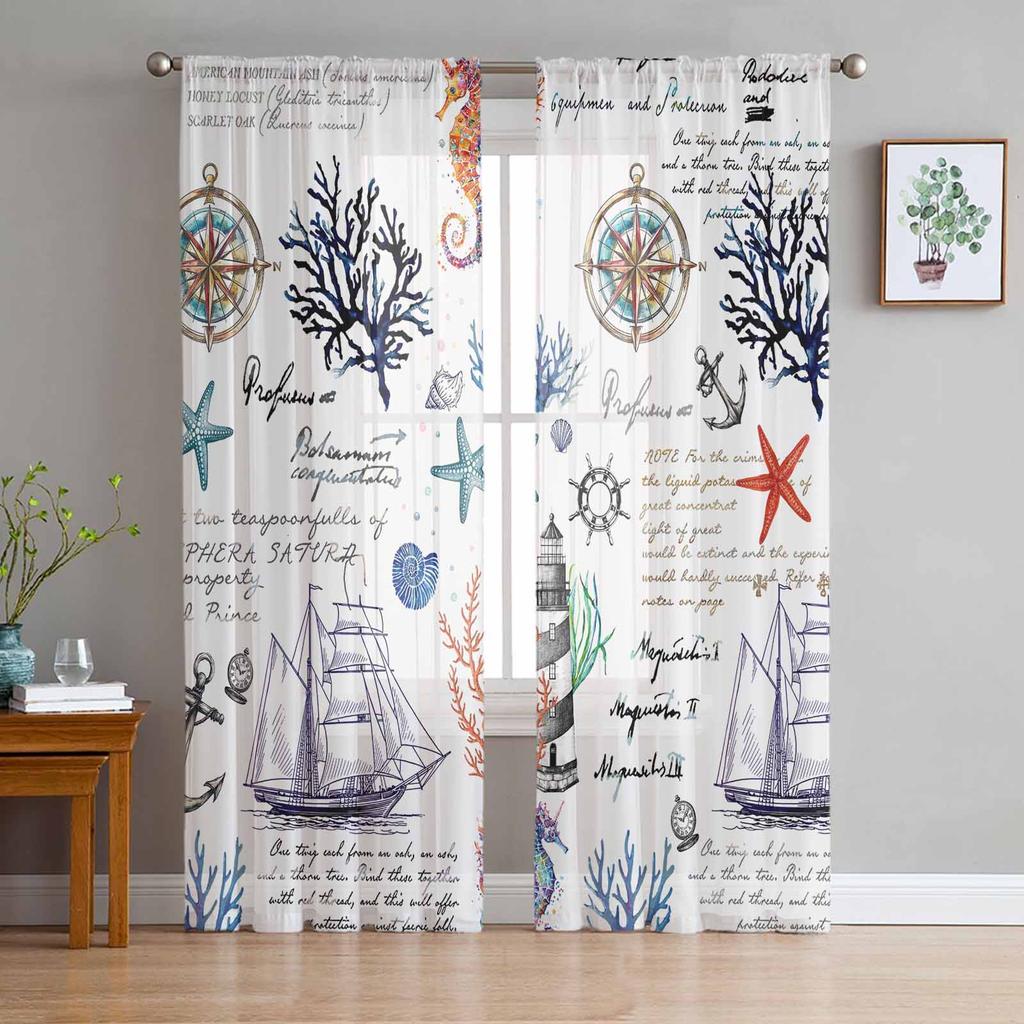 Vintage Sailing Ship Nautical Chiffon Sheer Curtains for Living Room Bedroom Decoration Window Voiles Tulle Curtain Drapes