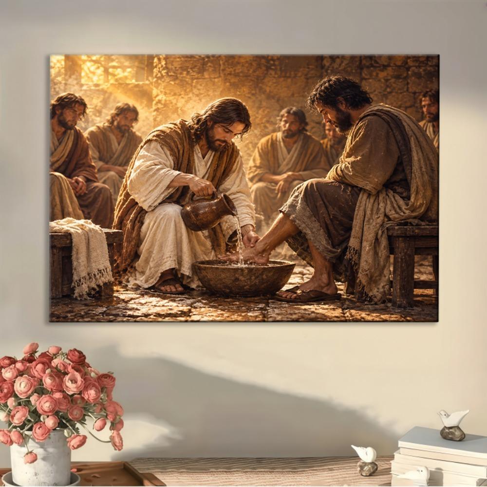 Füße waschen Leinwand Wandkunst, Religiöses Gemälde Moderner Zeitgenössischer Stil für Wohnzimmer Schlafzimmer Büro, Wanddekor Kunstdruck, Einzigartiges Geschenk, Bunt