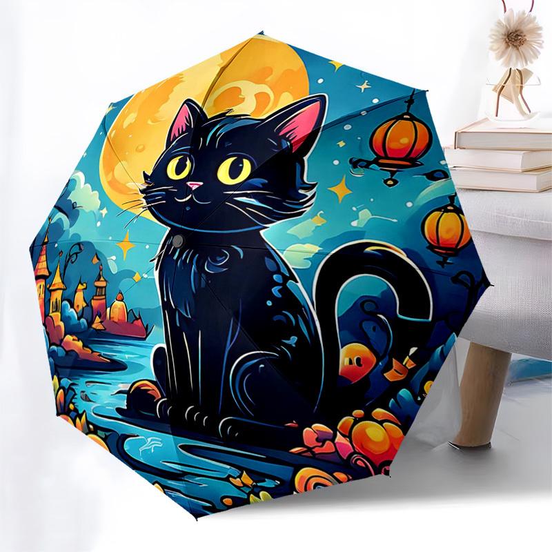 

1pc Magical Moonlit Cat Outdoor Umbrella - Auto Open Close, Portable 3-Fold Design with 8-Bone Iron Frame, Perfect Festival Gift for Fans, Travelers,