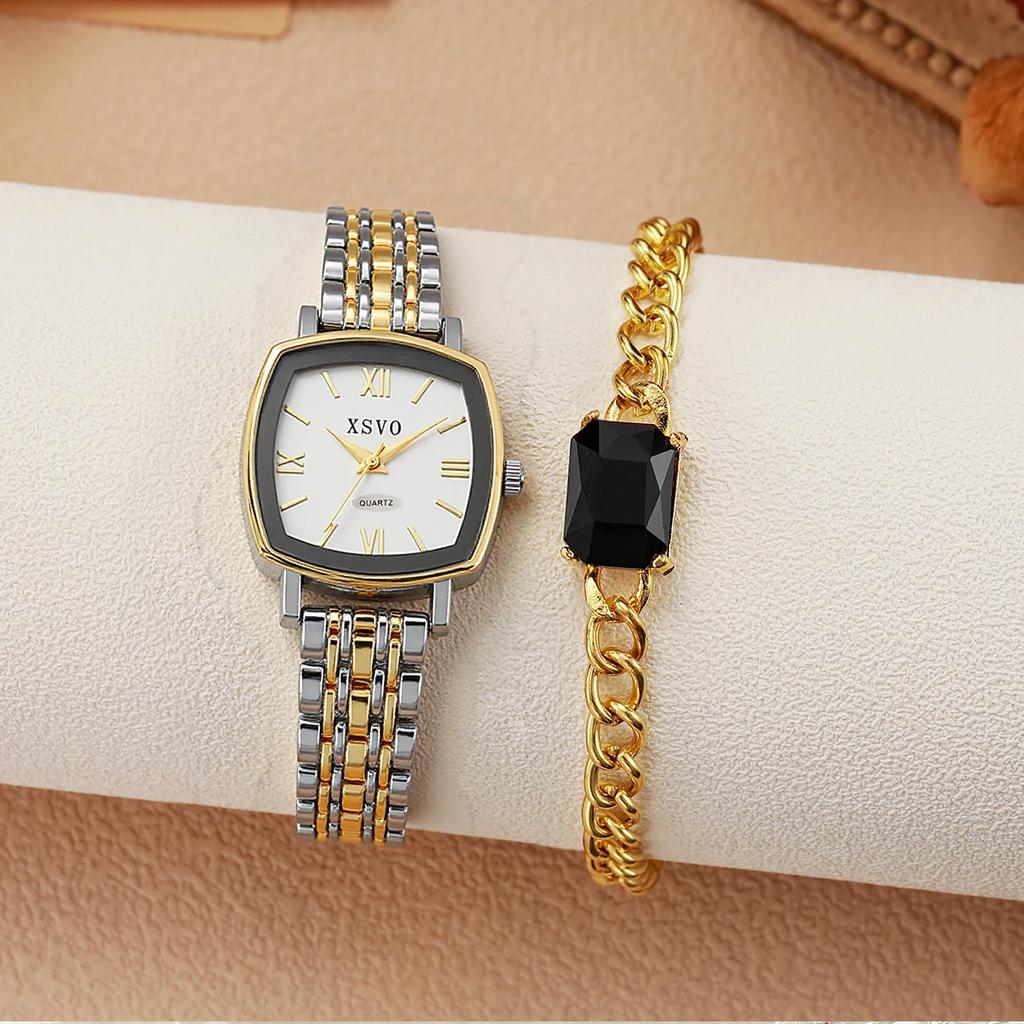 Fashion Light Luxury Square Dial Alloy Strap Roman Numerals Women's Quartz Watch Gemstone Bracelet Set of 2 for Holiday Gifts