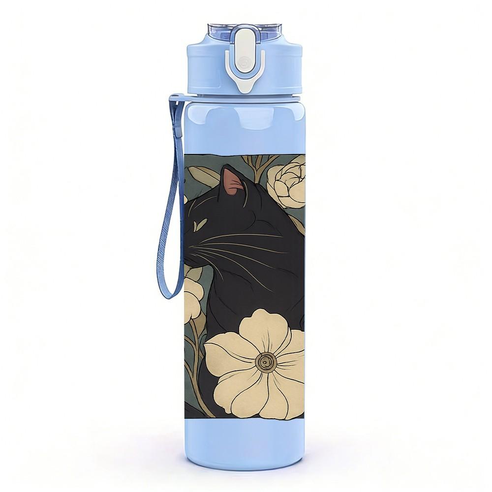 1PC Vintage Black Cat Floral Tile 750ml Color Plastic Sports Water Bottle Leakproof Flip Straw Lid For Sports Office Home Use
