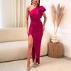European & American Women's One-Shoulder Cutout Ruffle Sleeve Slit Evening Dress - Solid Color 8082