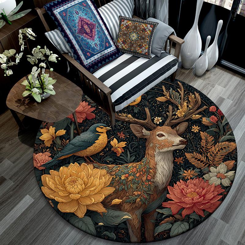 Deer in the Garden Round Area Rug,Carpet Rug for Living Room Bedroom Sofa Playroom Decor,Non-slip Floor Mat