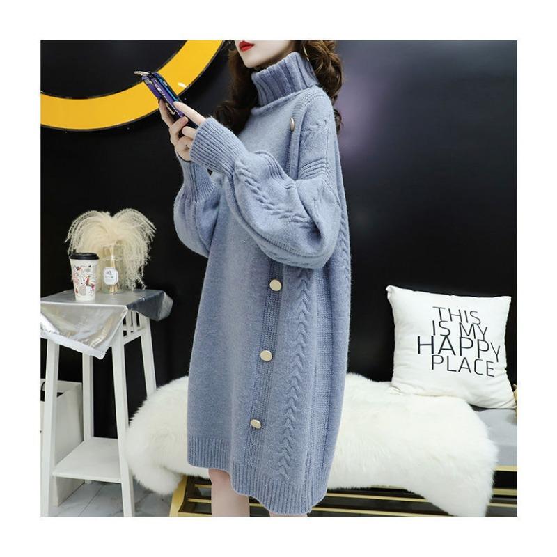 

Осень и зима большой размер свободный и тонкий вязаный базовый топ толстый женский ленивый свитер с высоким воротником average size синий