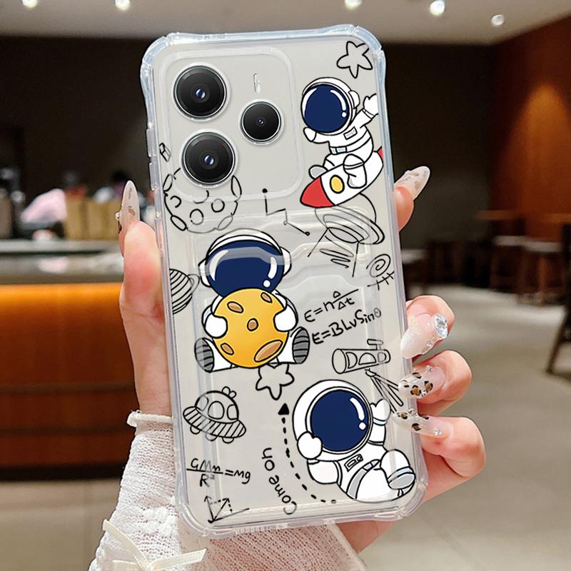 Astronaut Printed Card Slot Clear Phone Case For Xiaomi 14T 13T Pro Poco F6 Pro X6 C65 Redmi Note 13 Pro 12 11 Soft Silicone Shockproof Bumper Cover